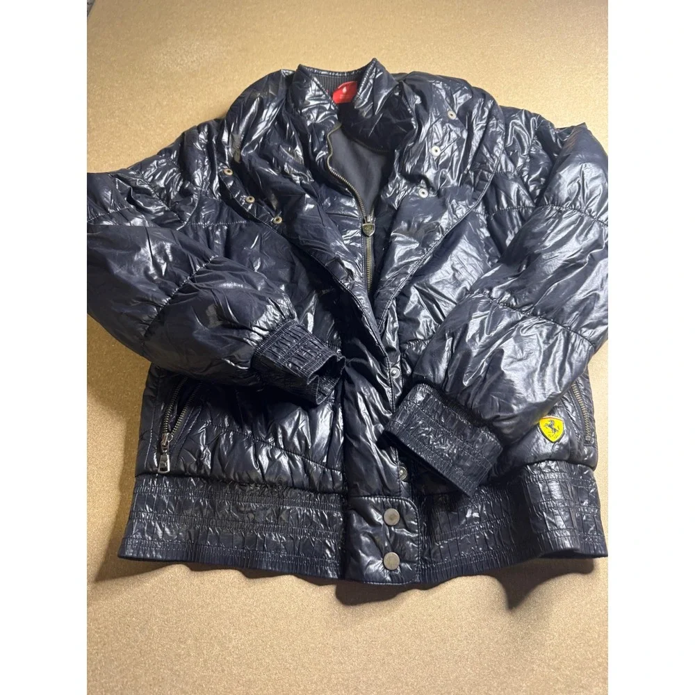 Puma Scuderia Ferrari black Shiny Puffer Jacket Womens Large Embroidered‎ Logo